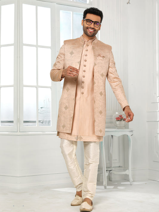 Peach Embroidered Art Silk Indo Western Set