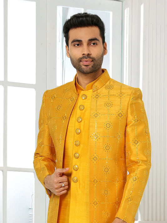 Mustard  Yellow Sequin Indo Western Sherwani
