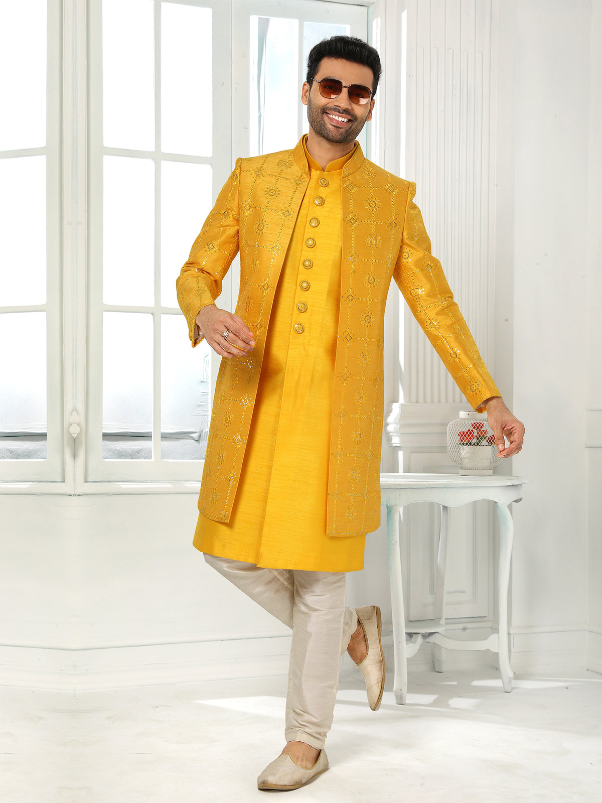 Mustard  Yellow Sequin Indo Western Sherwani