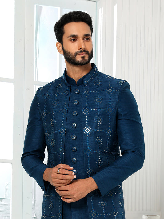 Navy Blue Art Silk Indo Western Sherwani