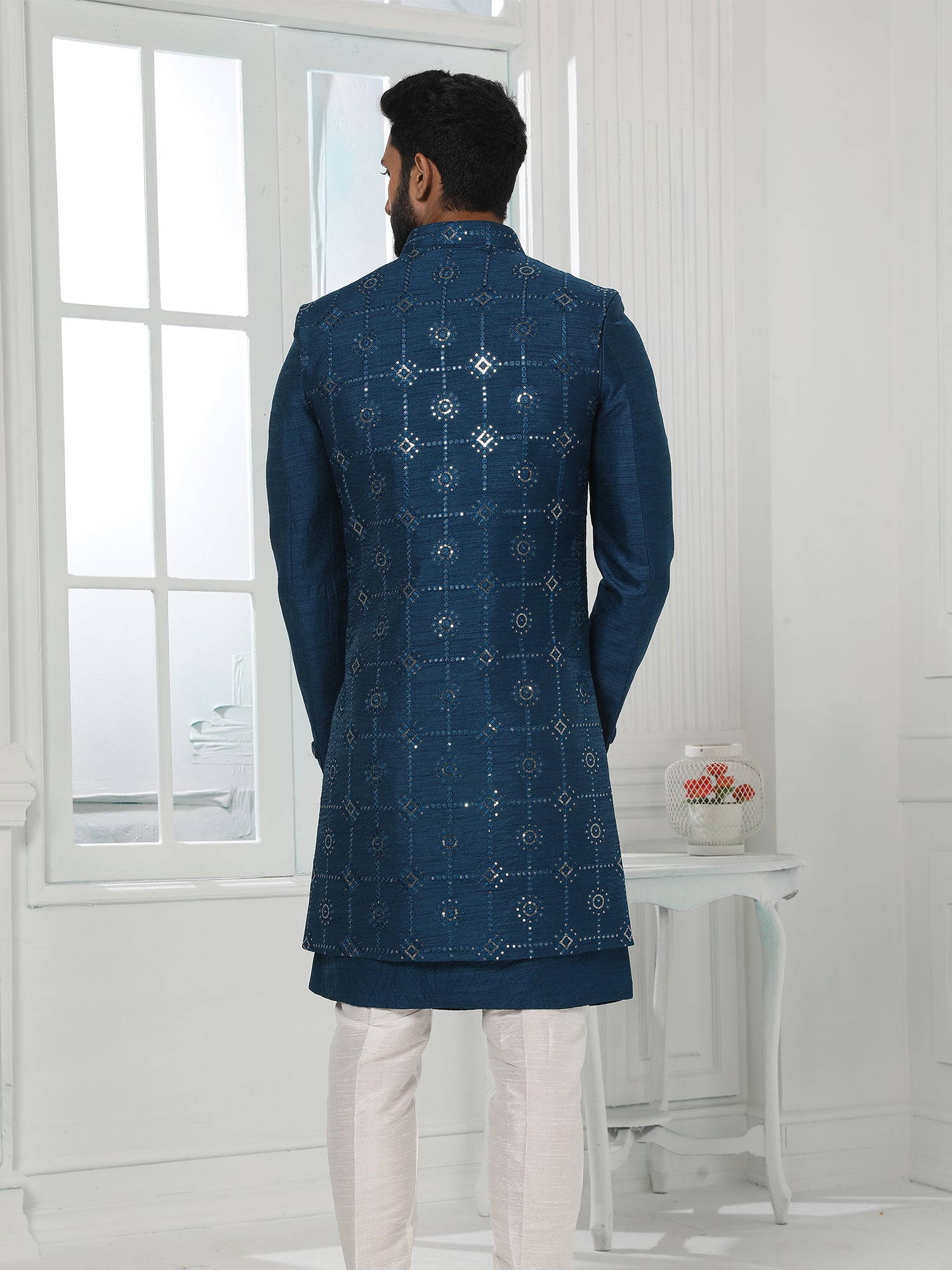 Navy Blue Art Silk Indo Western Sherwani