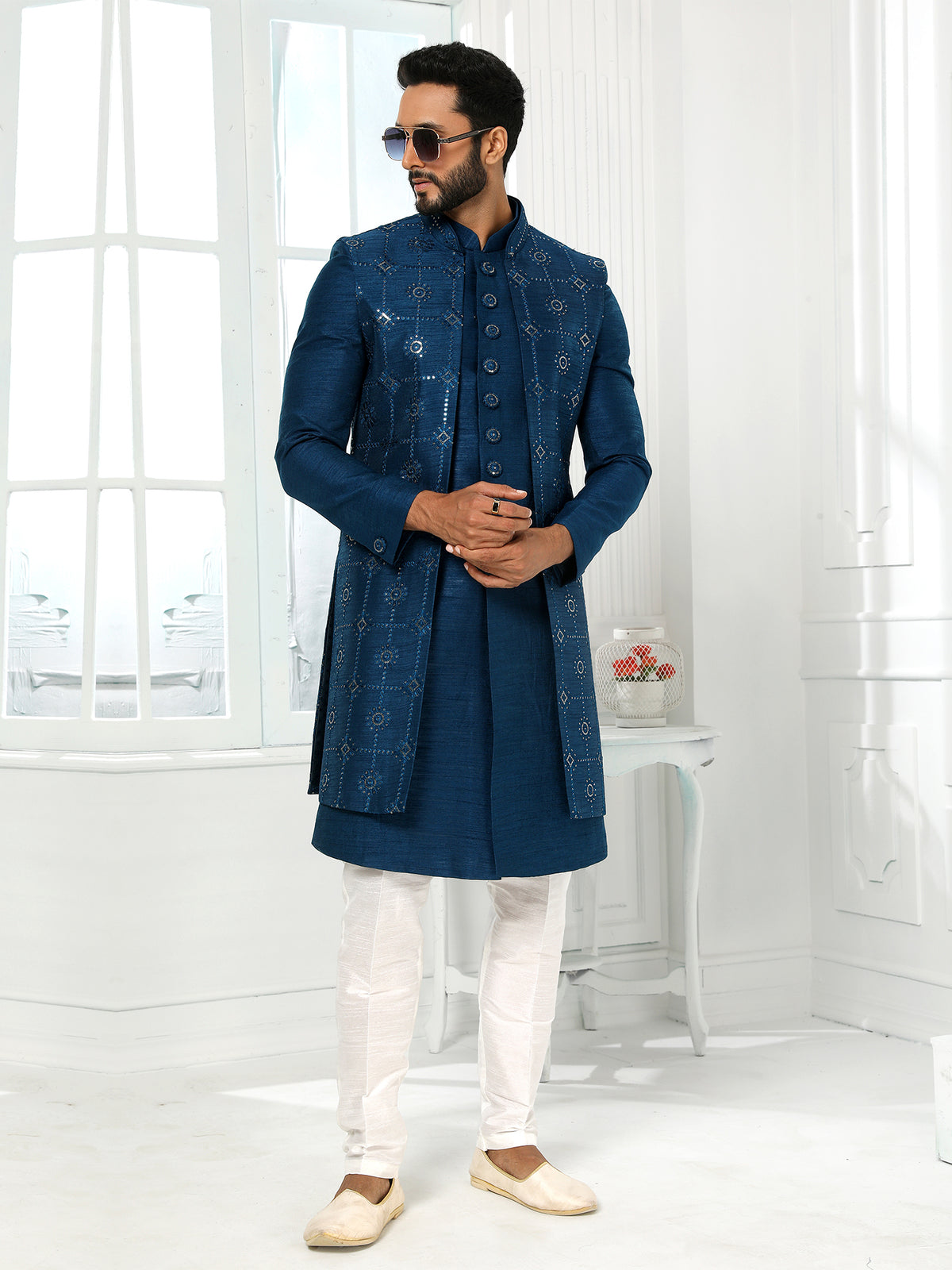 Navy Blue Art Silk Indo Western Sherwani