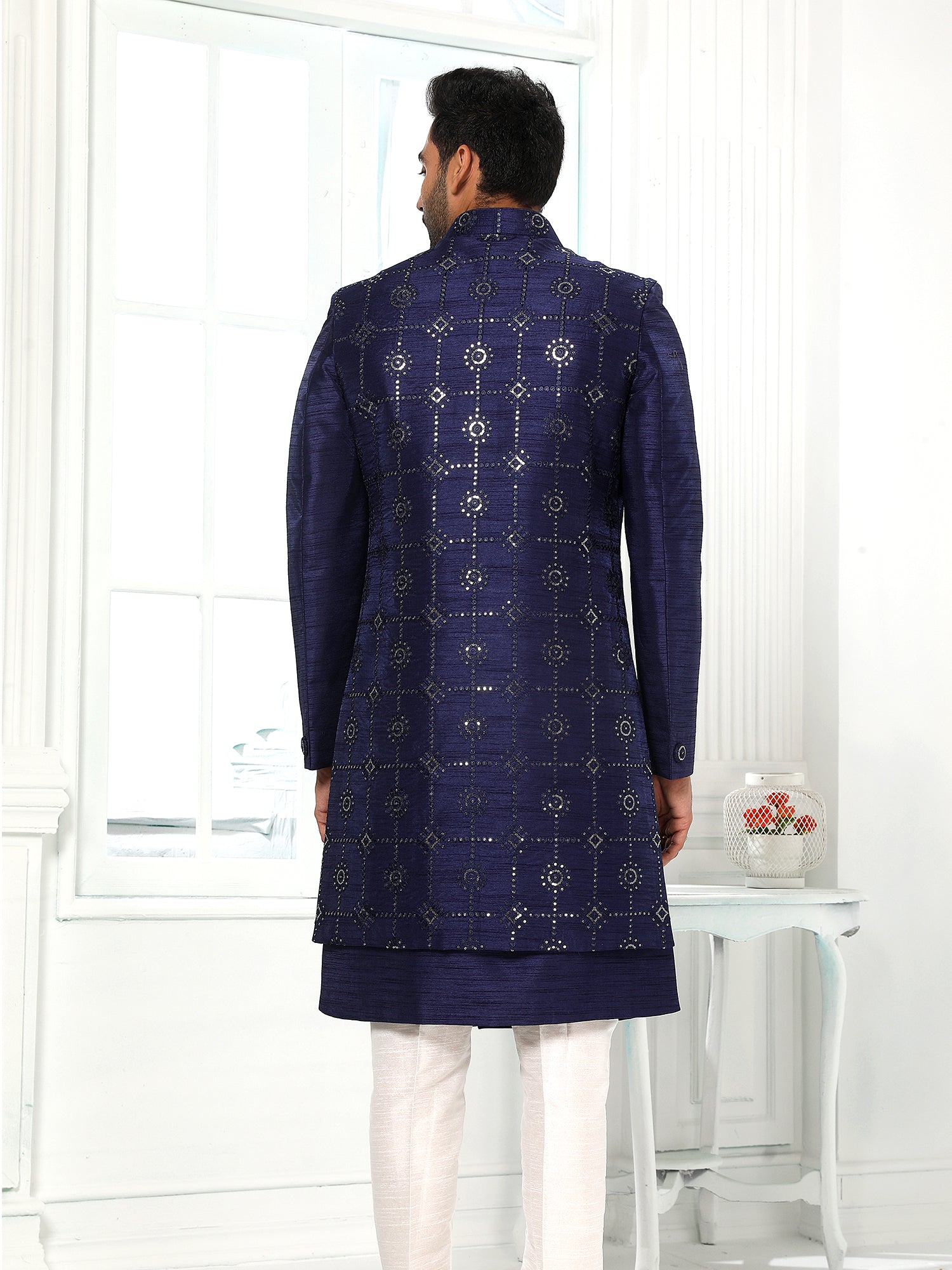 Navy Blue Embroidered Indo Sherwani