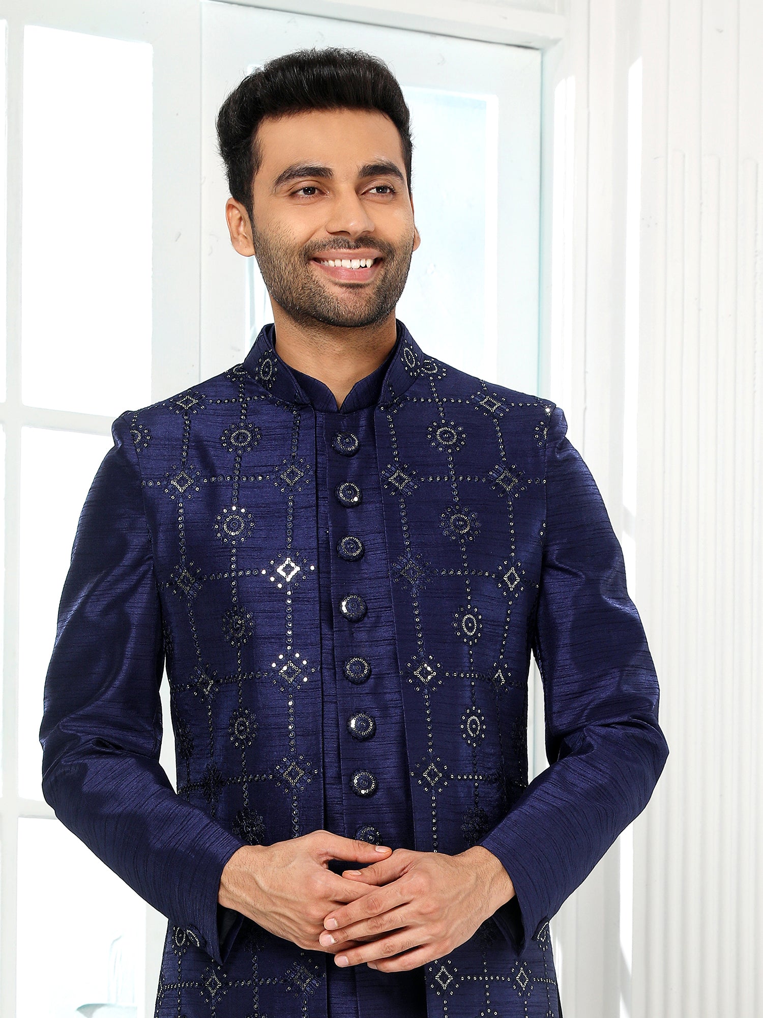 Navy Blue Embroidered Indo Sherwani
