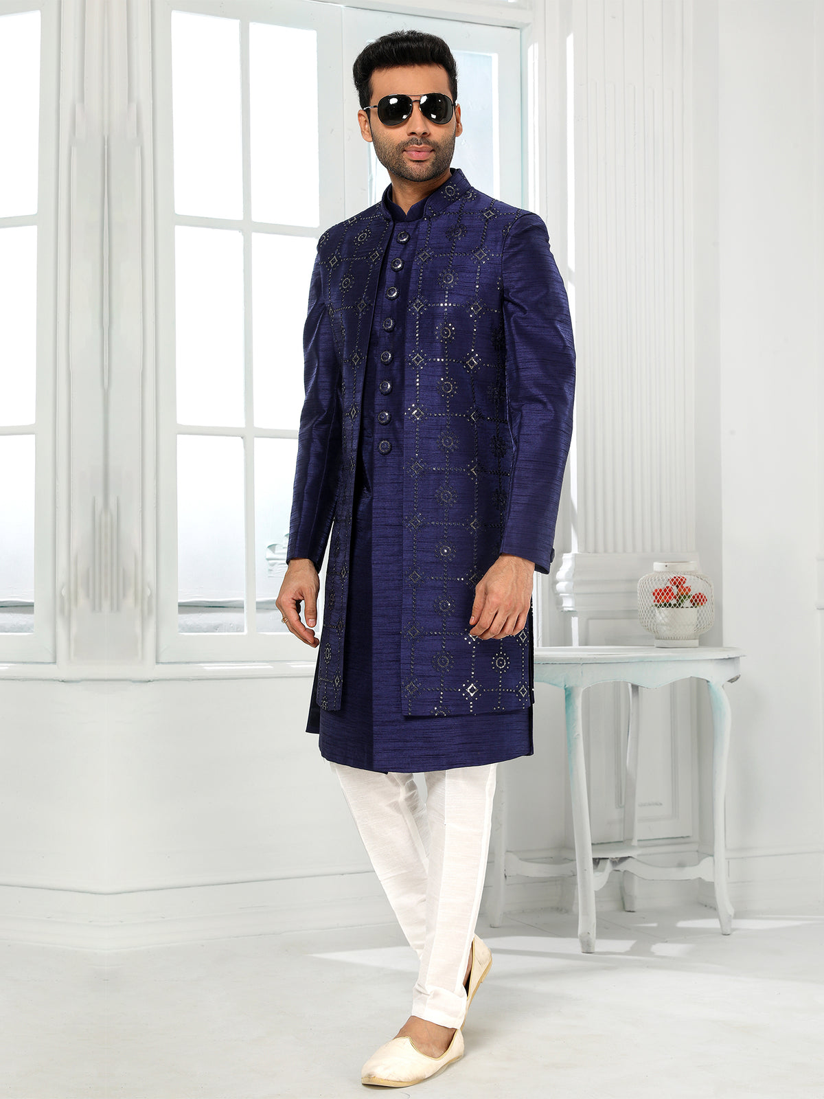 Navy Blue Embroidered Indo Sherwani
