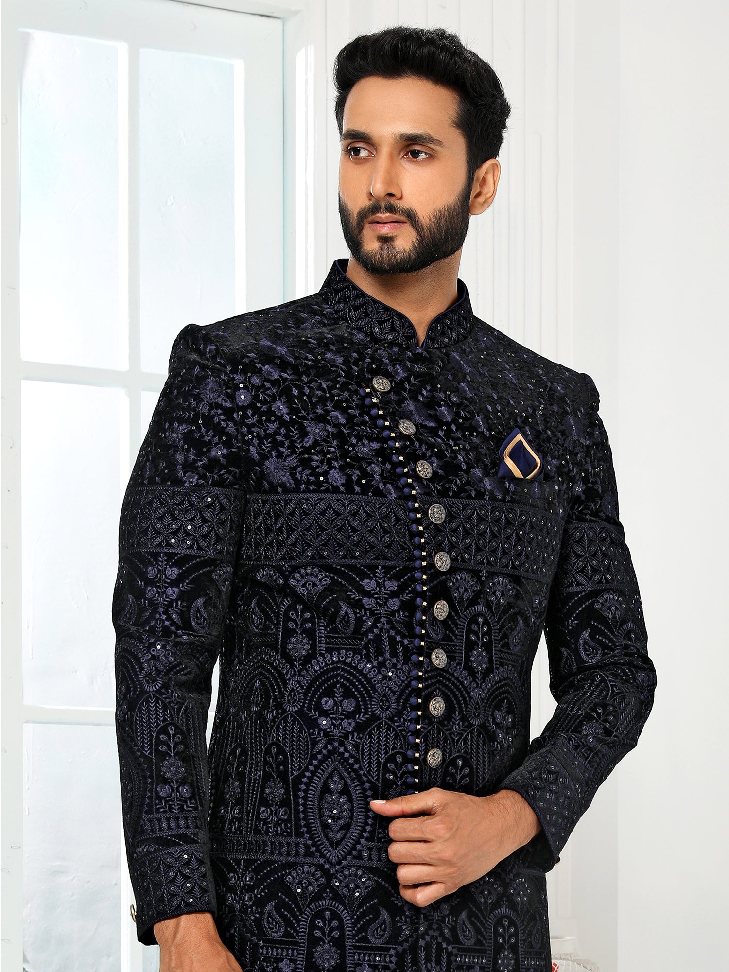 Black Silk Embroidered Indo Sherwani Set
