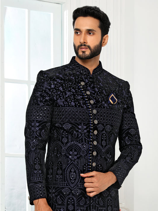 Black Silk Embroidered Indo Sherwani Set