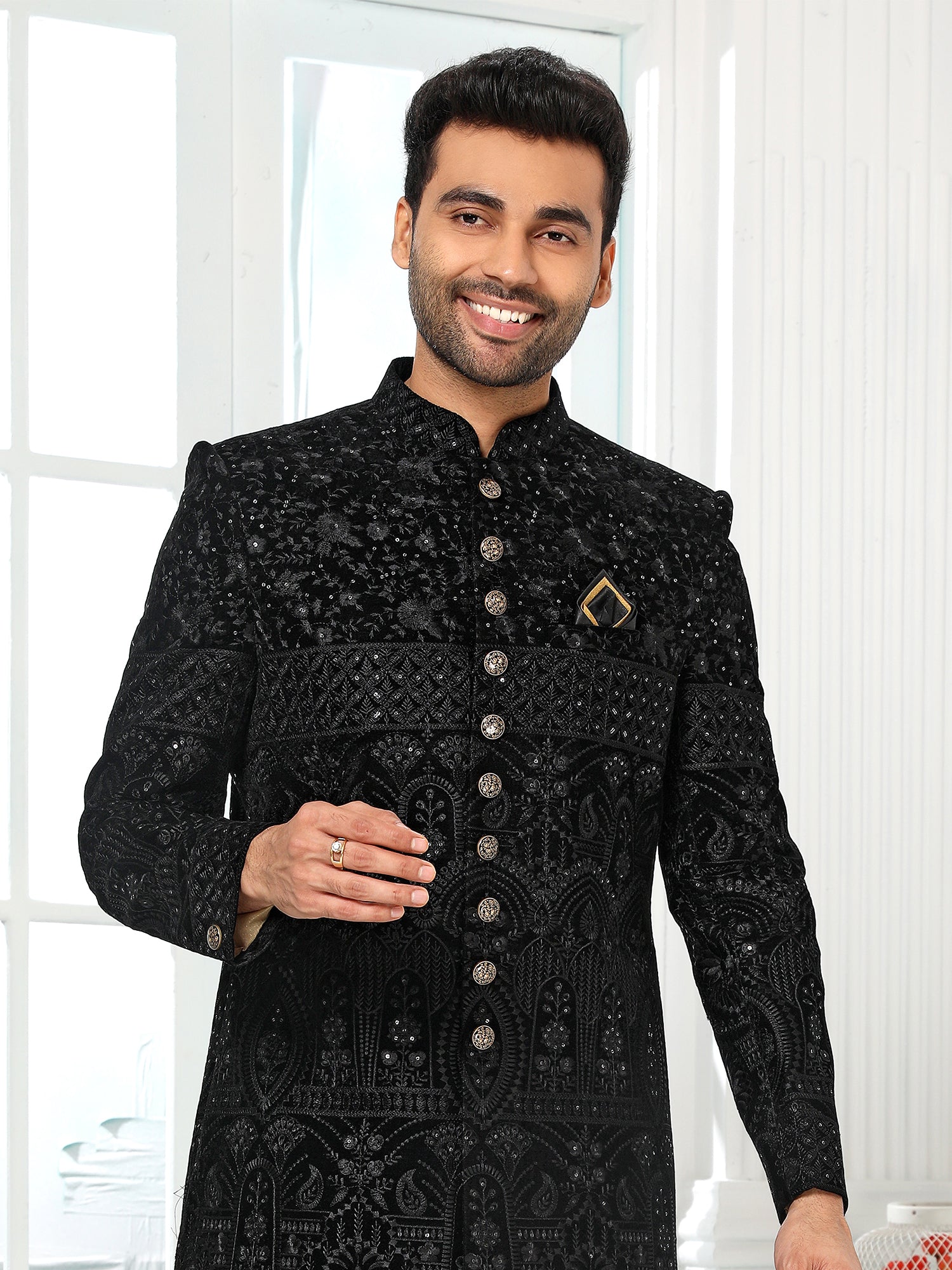 Black Art Silk Indo Western Sherwani