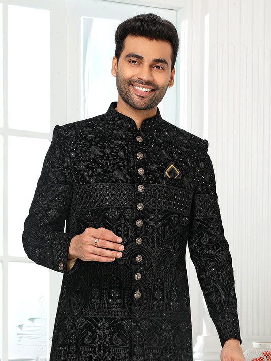 Black Art Silk Indo Western Sherwani