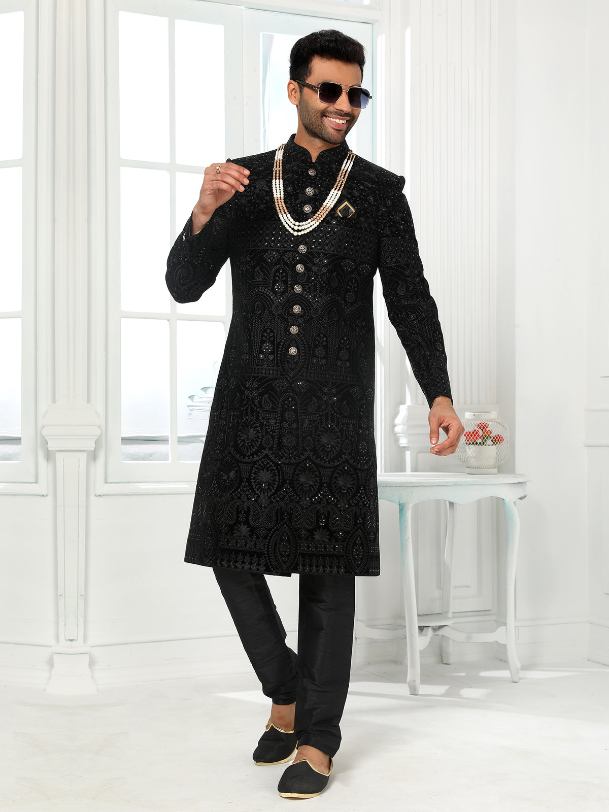 Black Art Silk Indo Western Sherwani