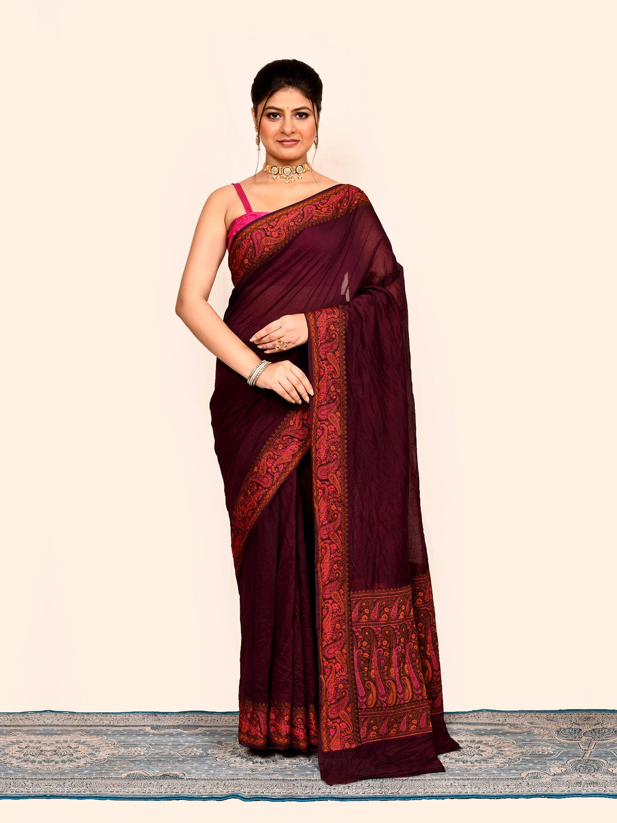 Maroon Zari Woven Embroidered Silk Saree