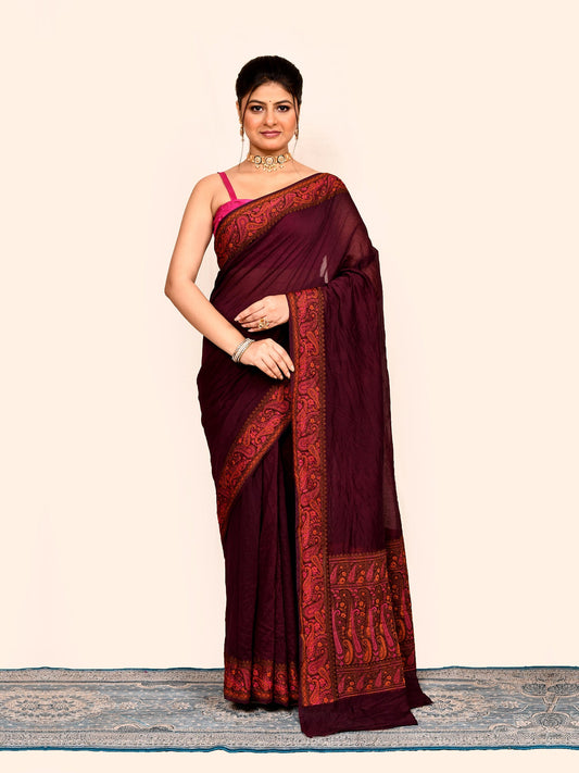 Maroon Zari Woven Embroidered Silk Saree