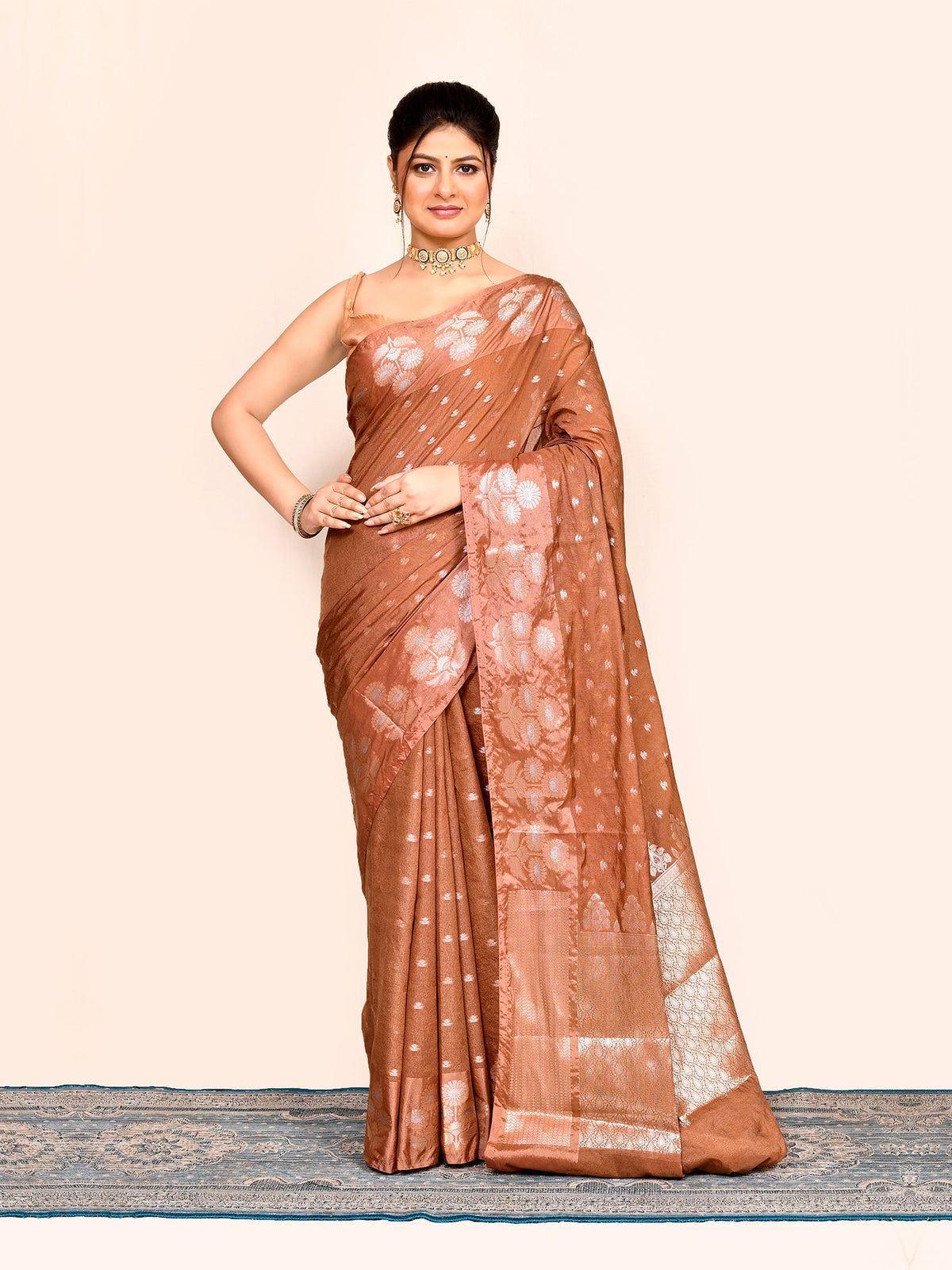Brown Zari Woven Embroidered Banarasi Saree