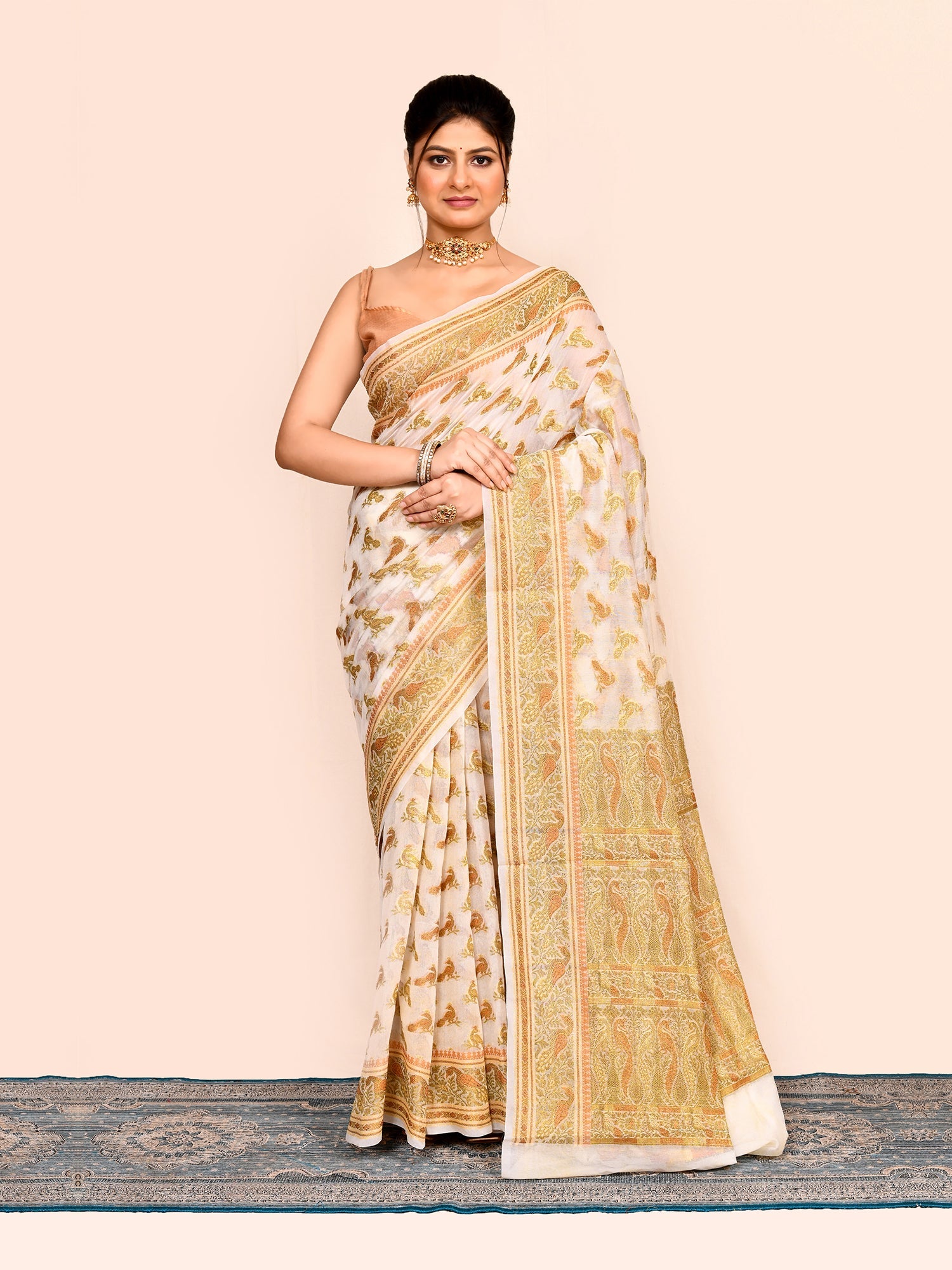 Off White  Zari Woven Embroidered Silk Saree
