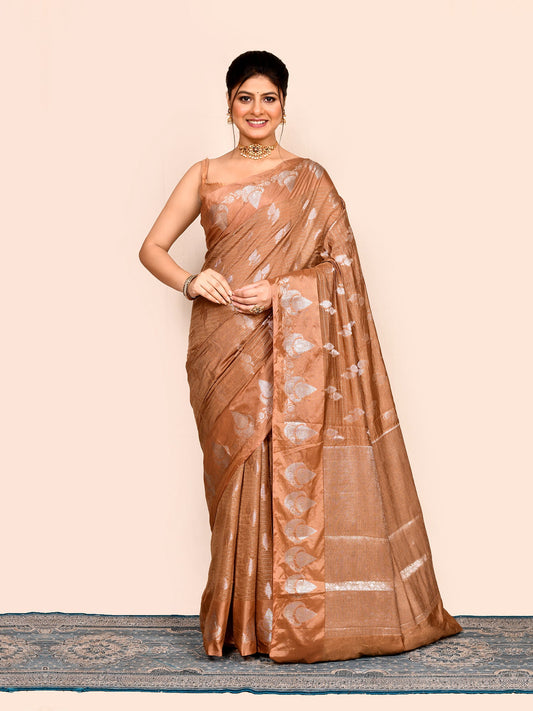 Brown Zari Woven Banarasi Silk Saree