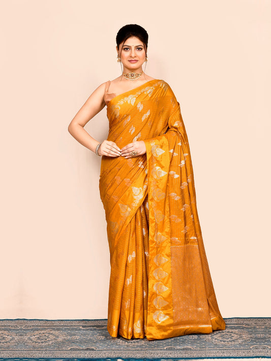 Yellow Zari Embroidered Banarasi Silk Saree