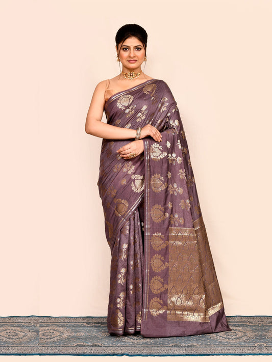 Pastel Grey Zari Woven Banarasi Silk Saree