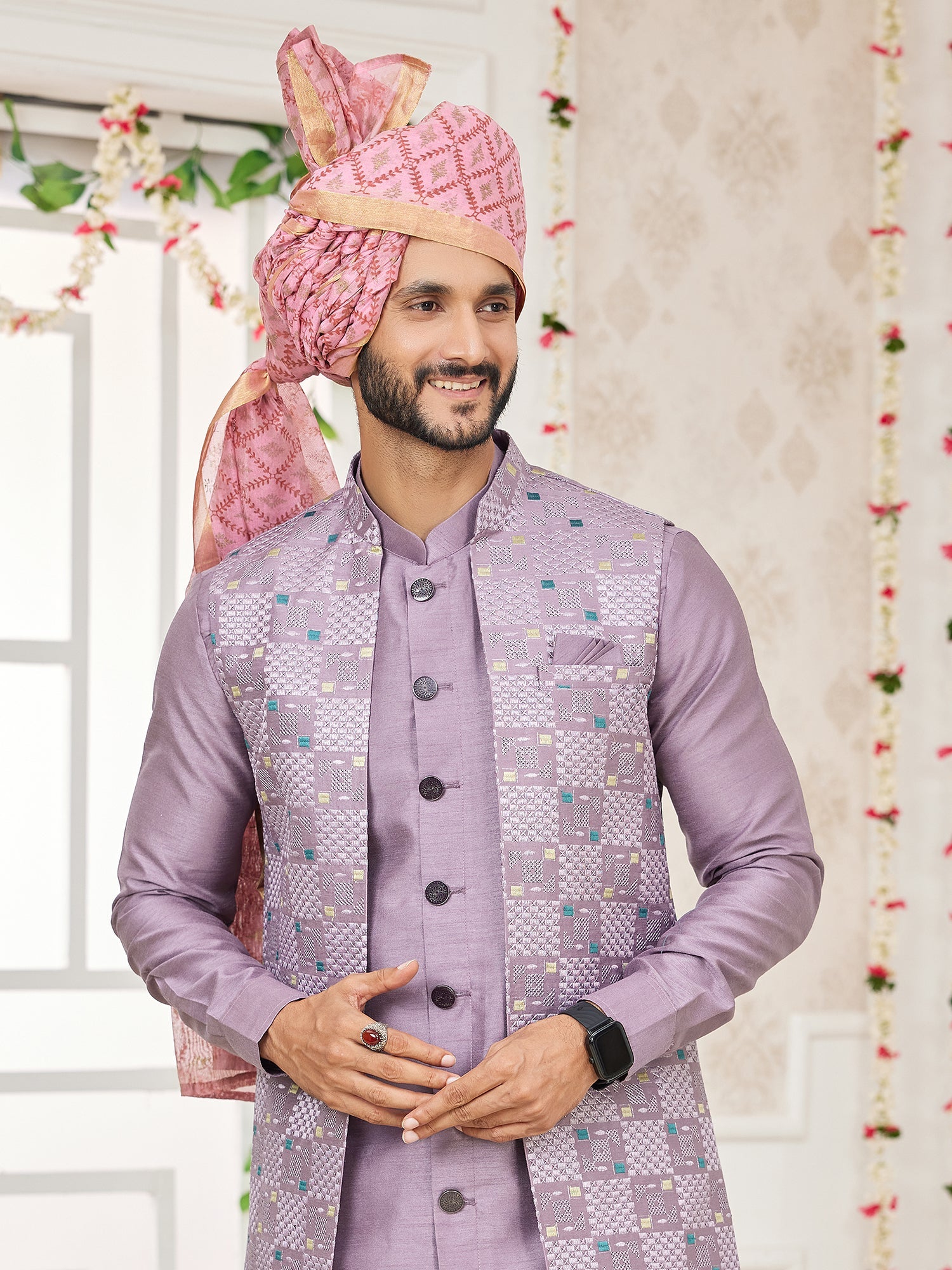 Onion Pink Art Silk Kurta Pajama With Jacket