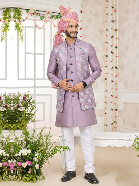 Onion Pink Art Silk Kurta Pajama With Jacket