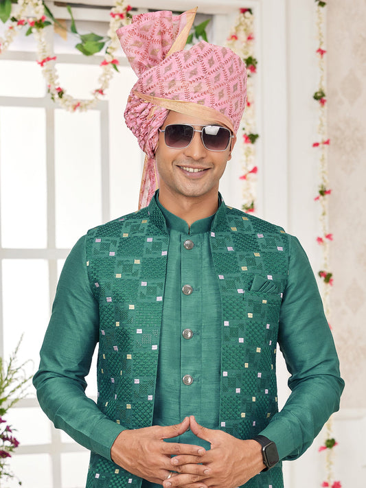 Green Art Silk Embroidered Kurta Pajama Jacket