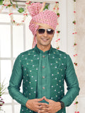 Green Art Silk Embroidered Kurta Pajama Jacket