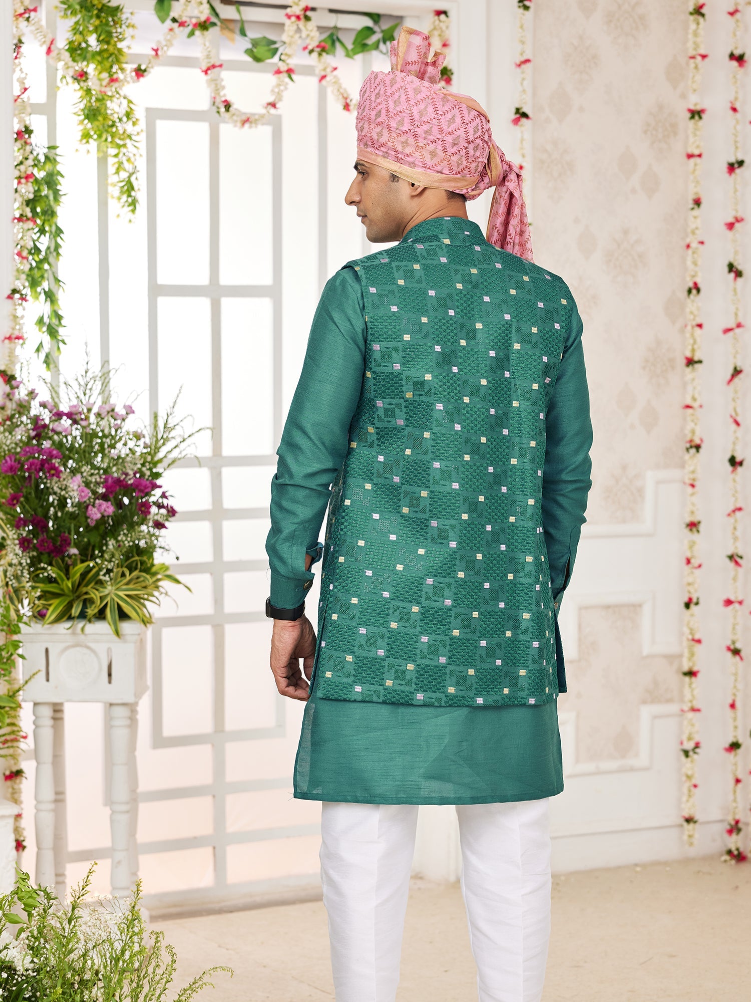 Green Art Silk Embroidered Kurta Pajama Jacket