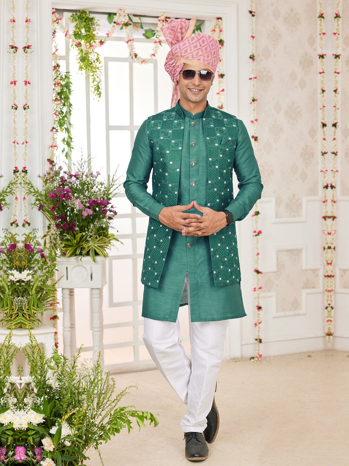 Green Art Silk Embroidered Kurta Pajama Jacket