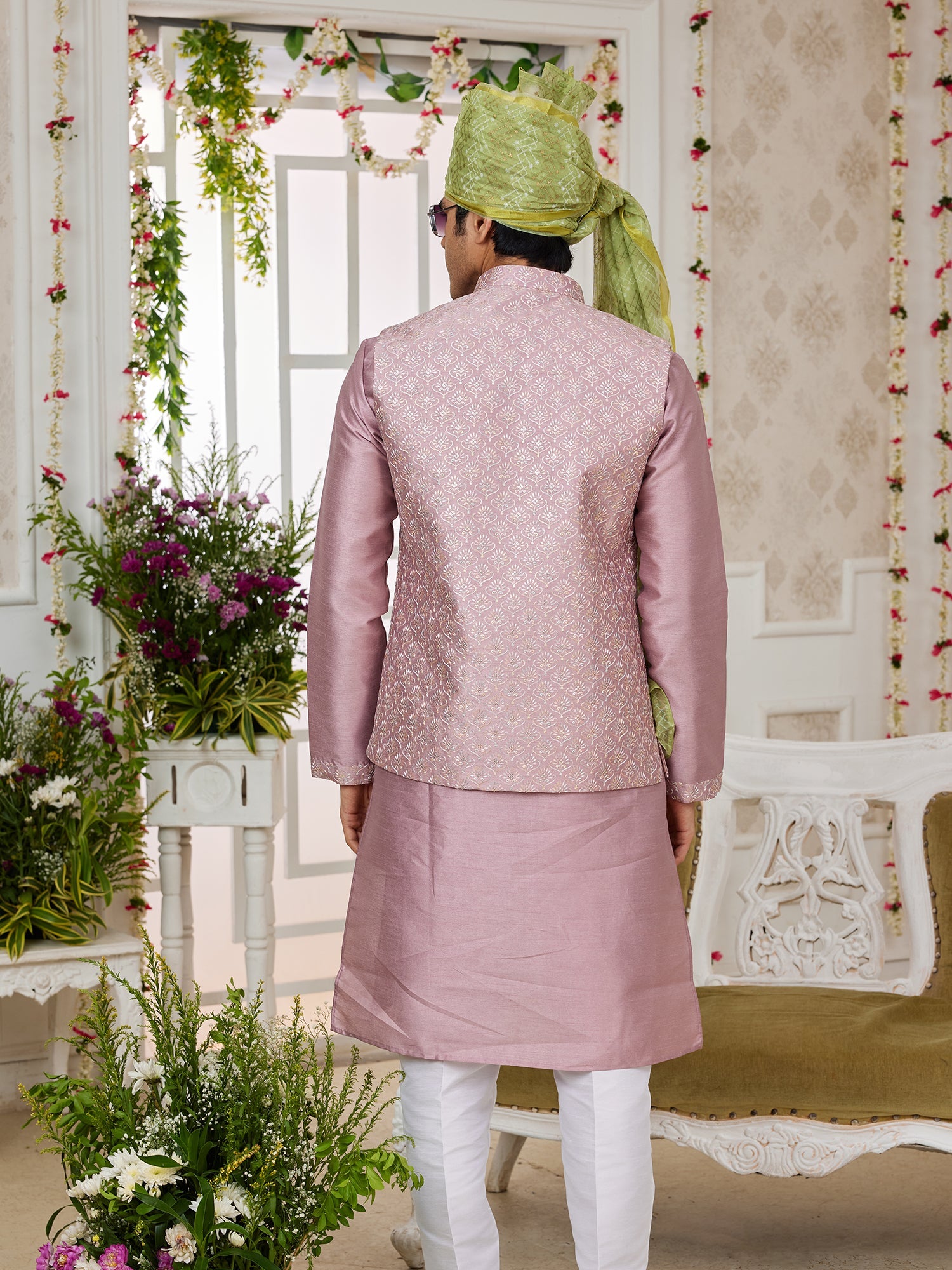 Pink Silk Embroidered Kurta Pajama Jacket