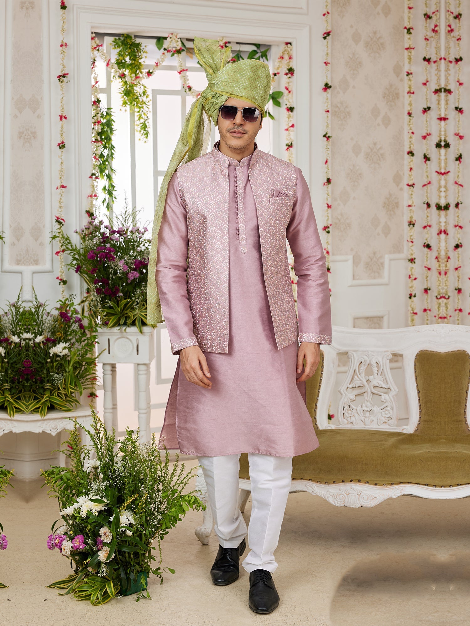 Pink Silk Embroidered Kurta Pajama Jacket