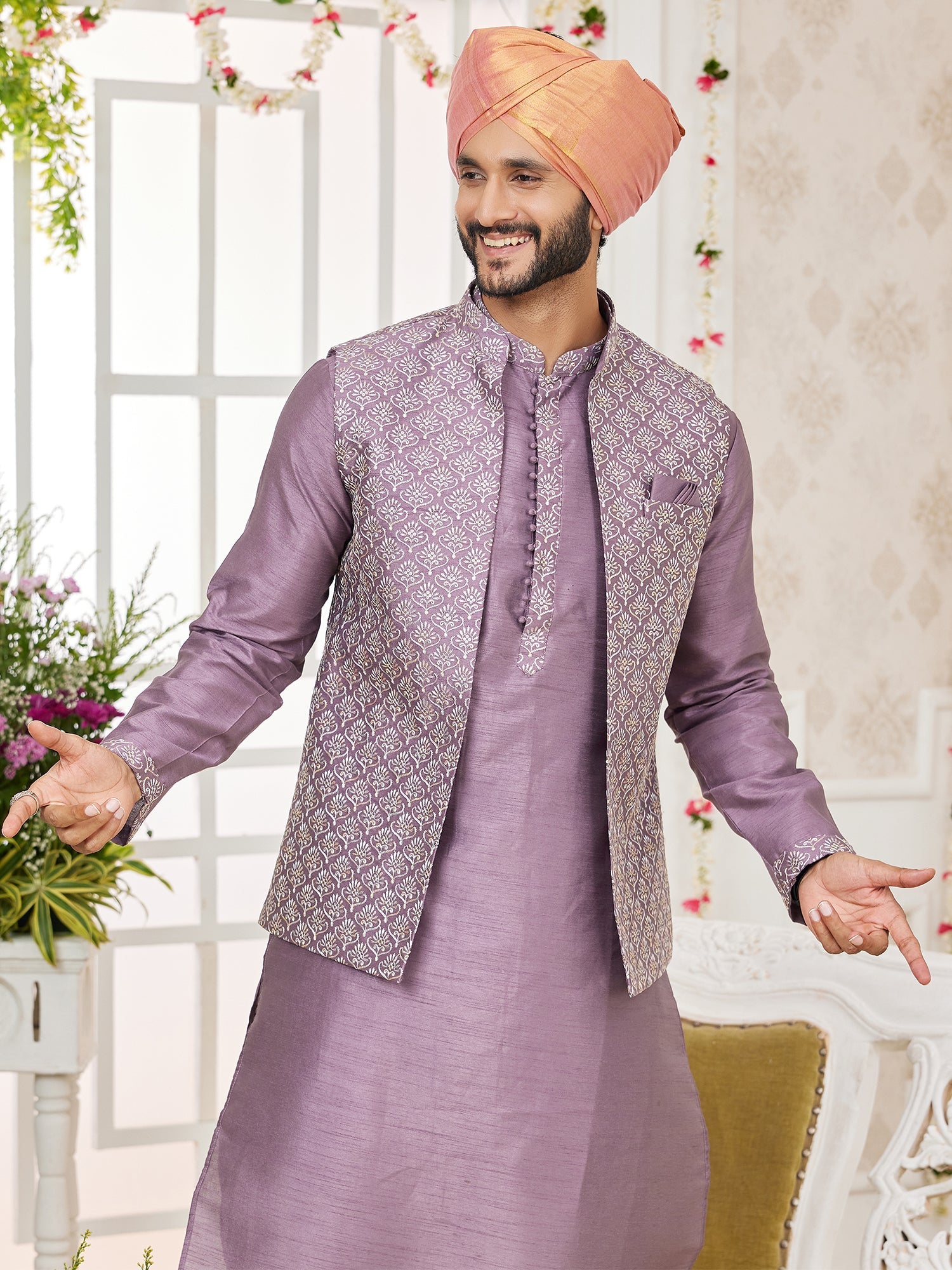Onion Pink Silk Embroidered Kurta Pajama Jacket Set