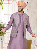 Onion Pink Silk Embroidered Kurta Pajama Jacket Set