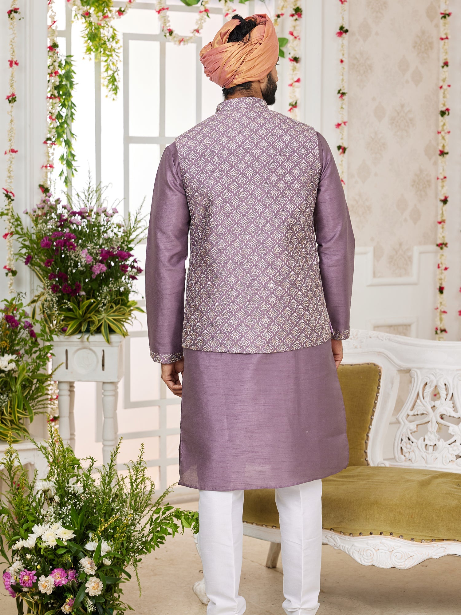 Onion Pink Silk Embroidered Kurta Pajama Jacket Set