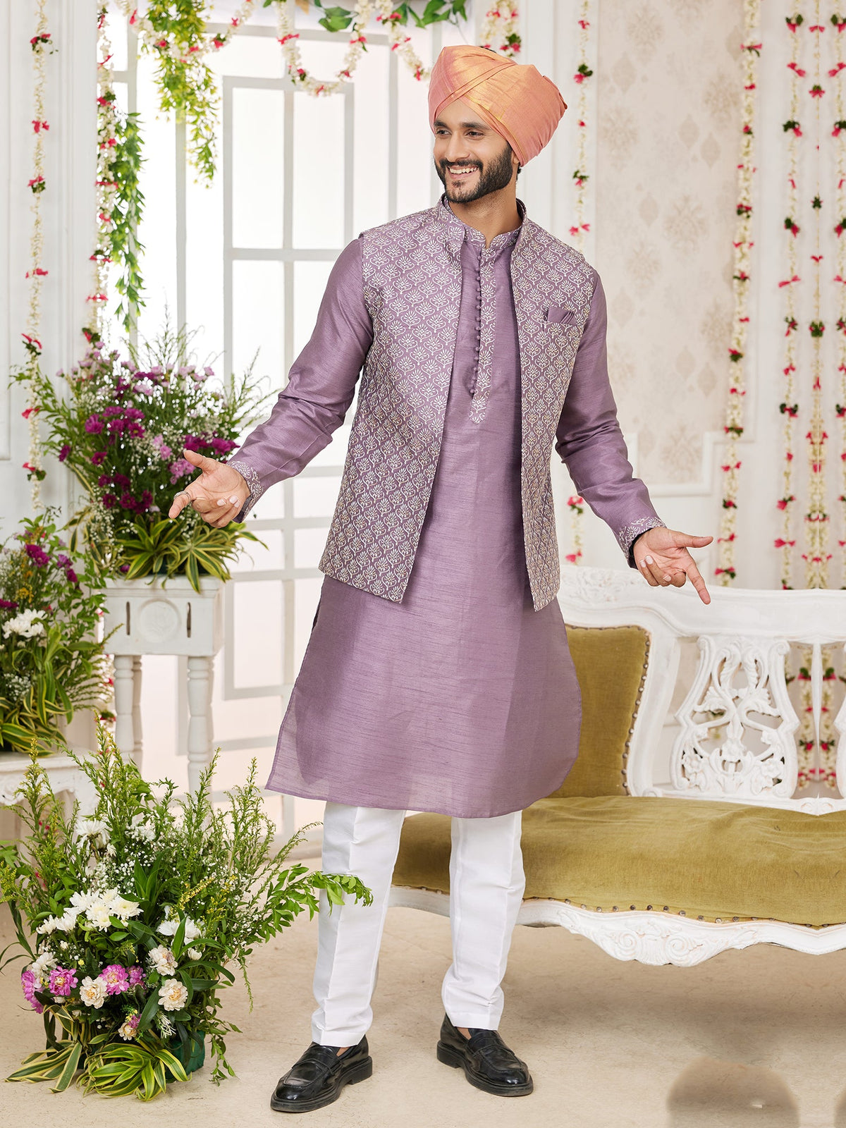 Onion Pink Silk Embroidered Kurta Pajama Jacket Set