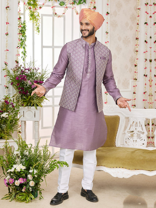 Onion Pink Silk Embroidered Kurta Pajama Jacket Set