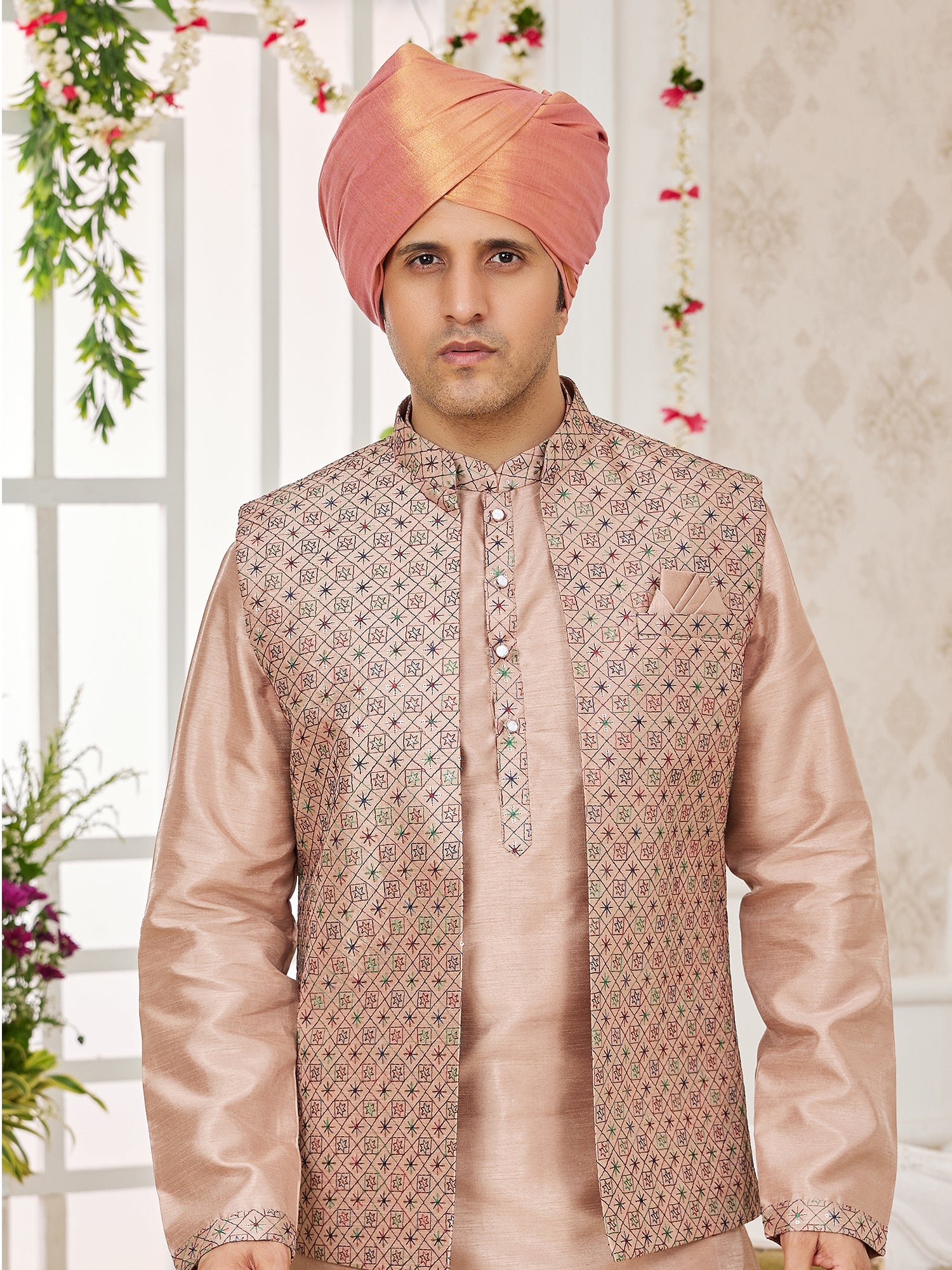 Stylish Peach Art Silk Embroidered Kurta Pajama Jacket