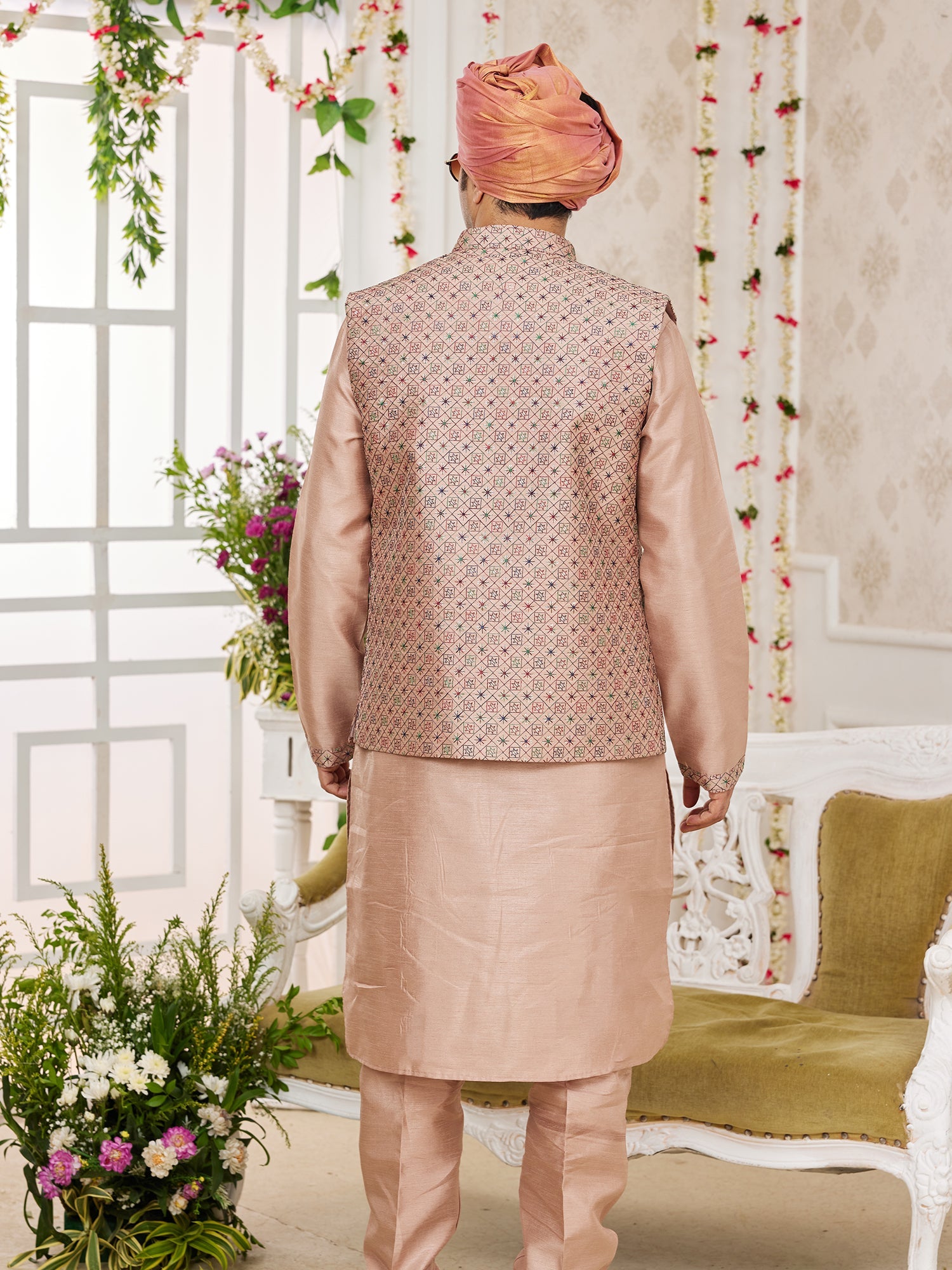 Stylish Peach Art Silk Embroidered Kurta Pajama Jacket
