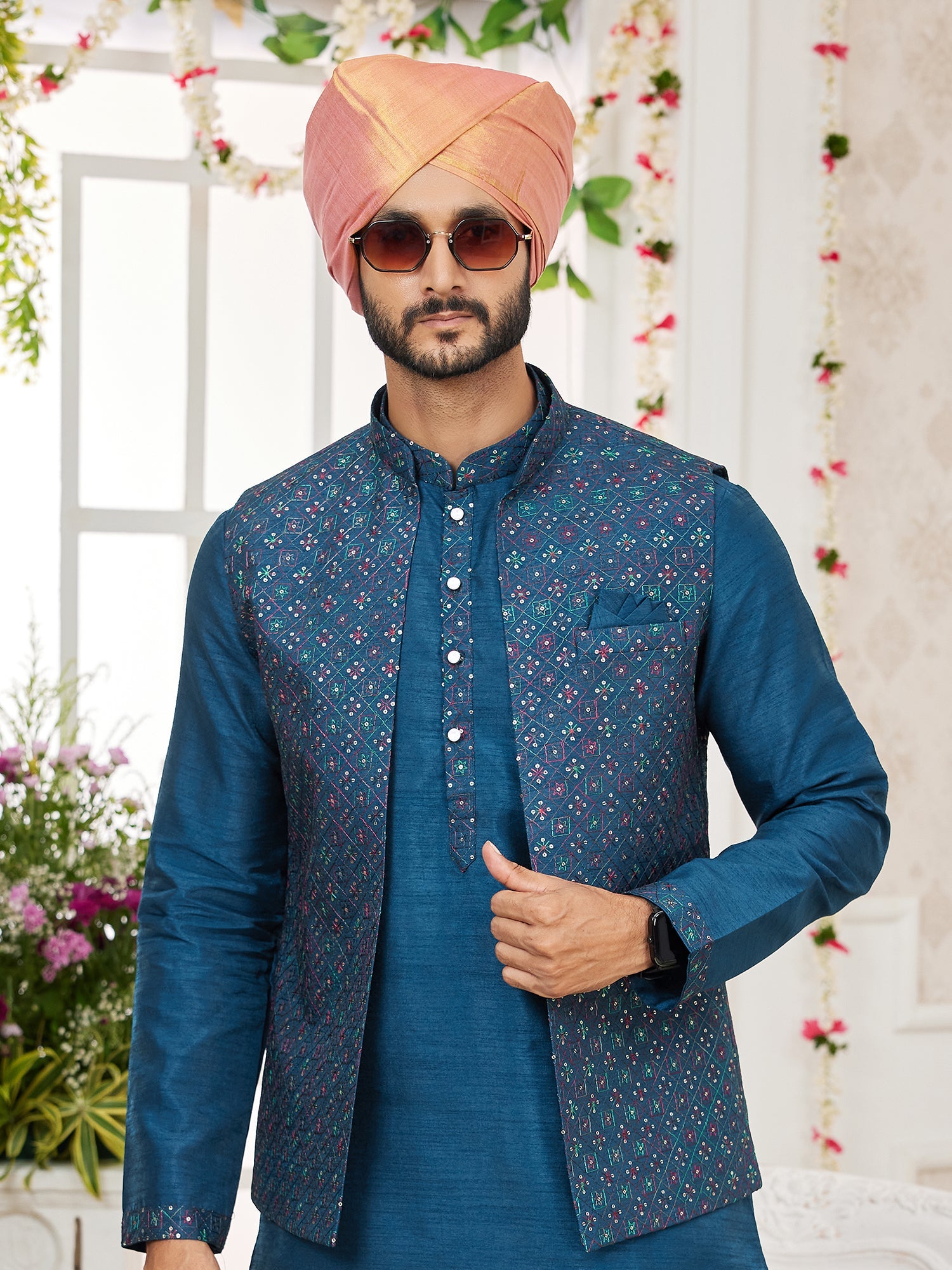 Blue Art Silk Embroidered Kurta Pajama Jacket Set