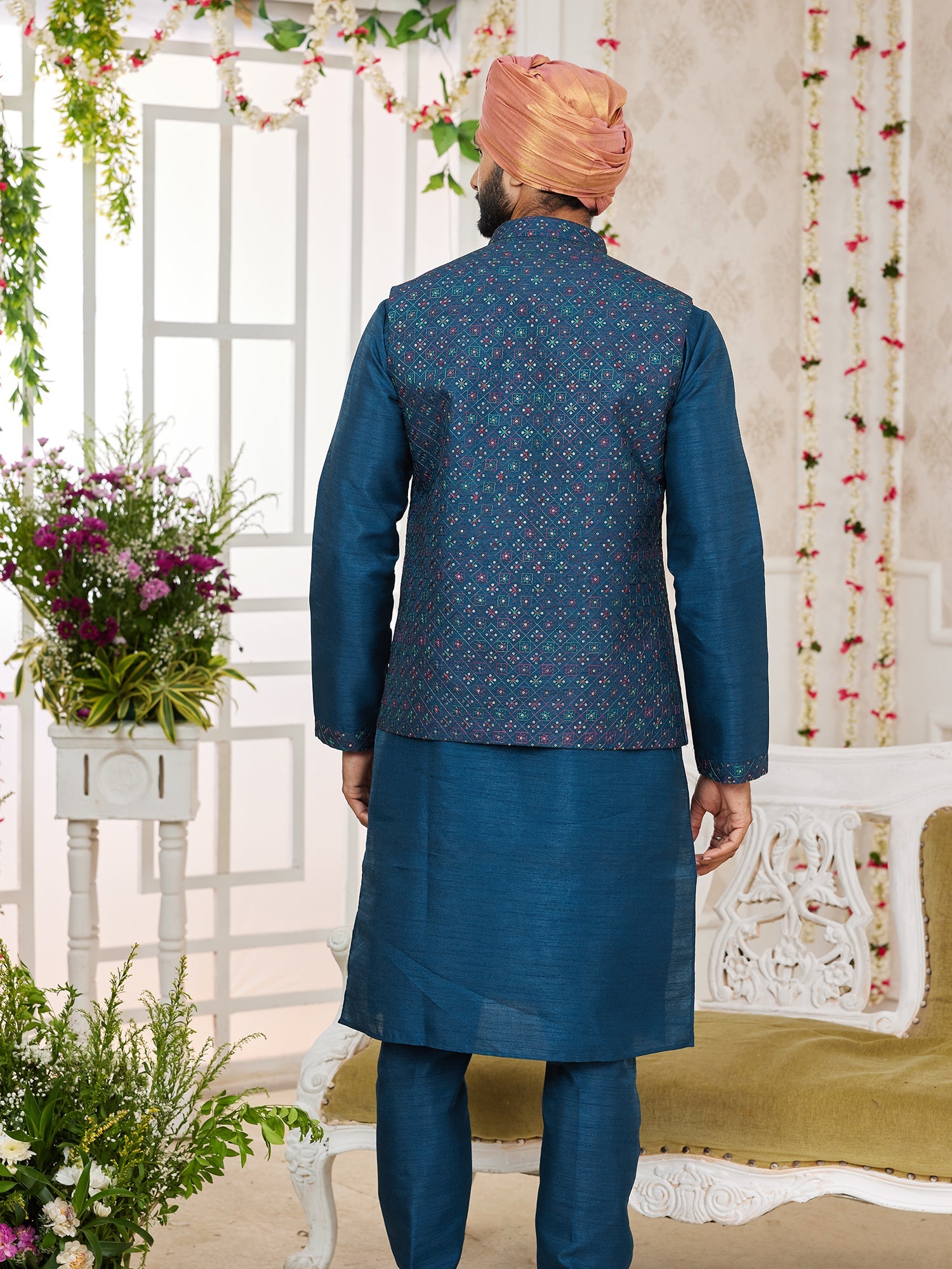 Blue Art Silk Embroidered Kurta Pajama Jacket Set