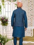 Blue Art Silk Embroidered Kurta Pajama Jacket Set