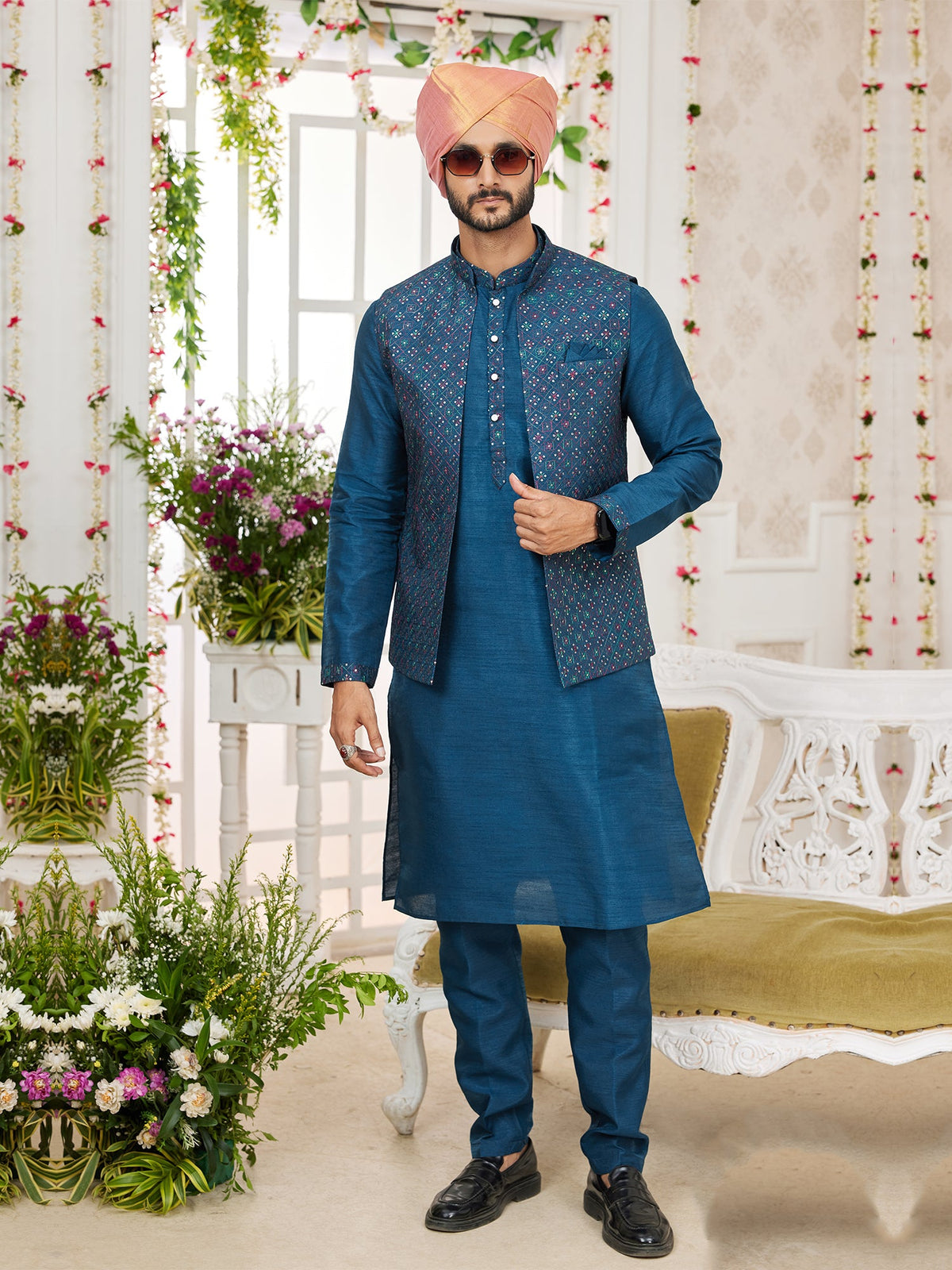 Blue Art Silk Embroidered Kurta Pajama Jacket Set