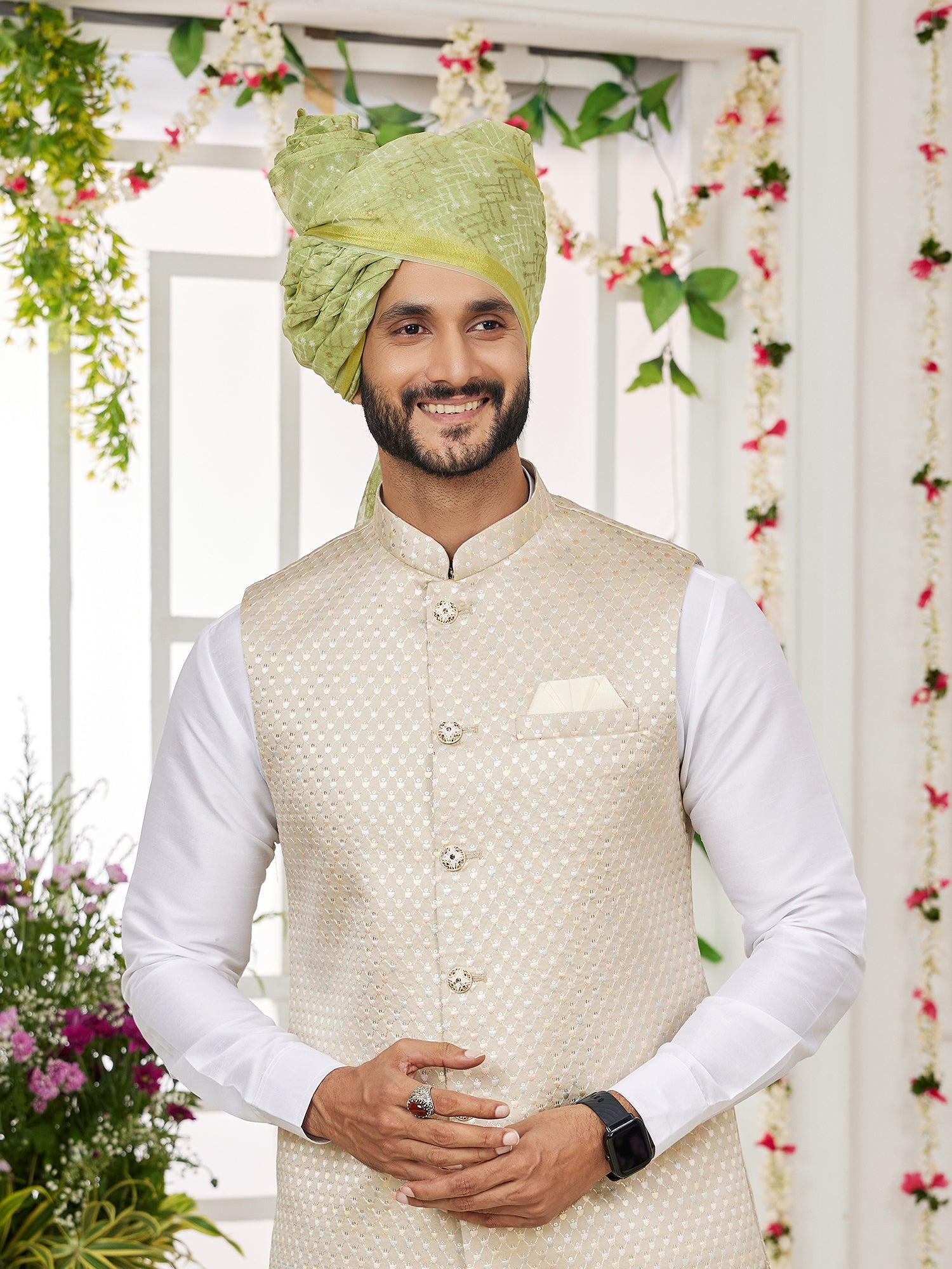 Off White Art Silk Embroidered Kurta Pajama Jacket