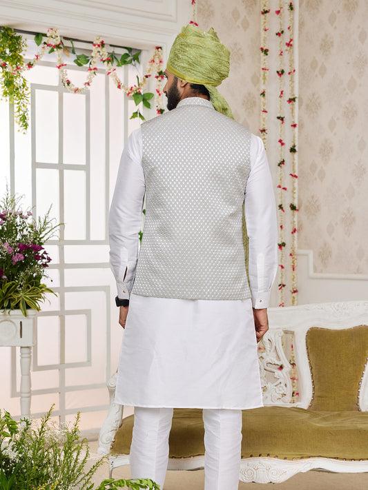 Off White Art Silk Embroidered Kurta Pajama With Jacket