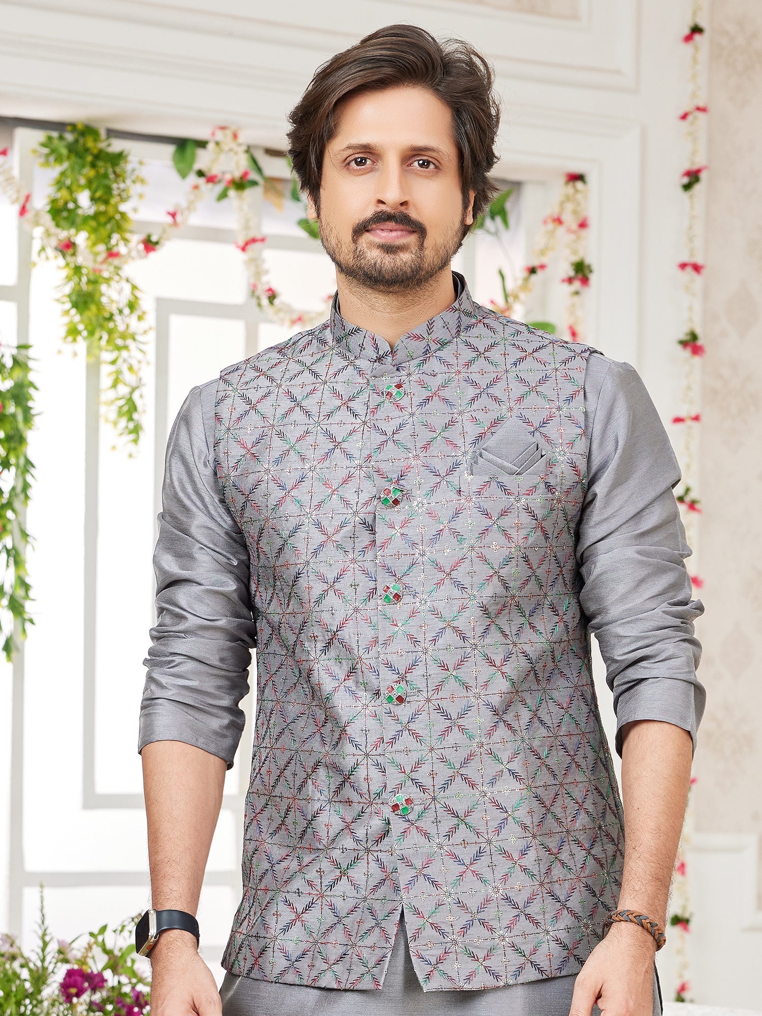 Festive Grey Art Silk Embroidered Kurta Pajama Jacket