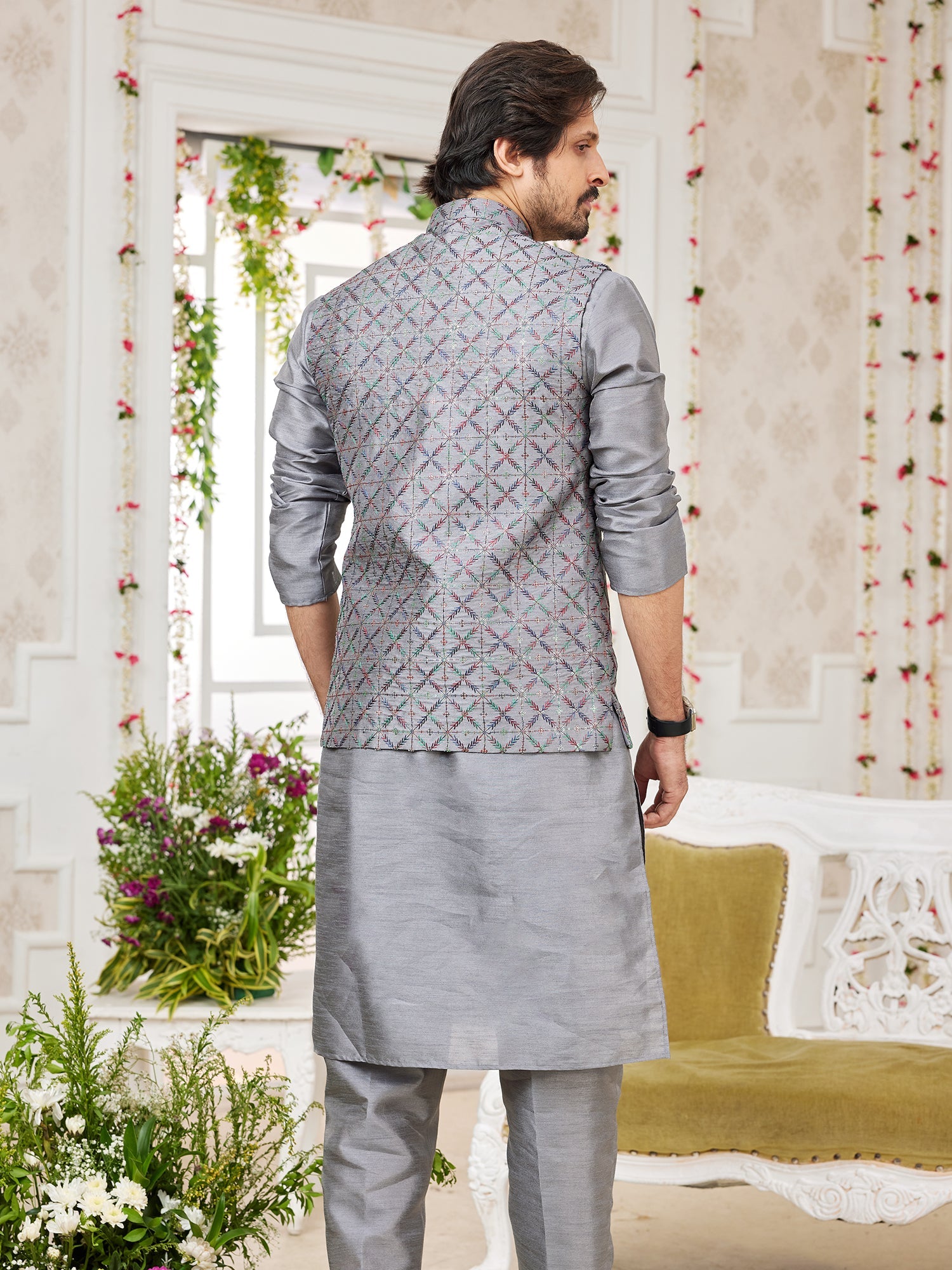 Festive Grey Art Silk Embroidered Kurta Pajama Jacket