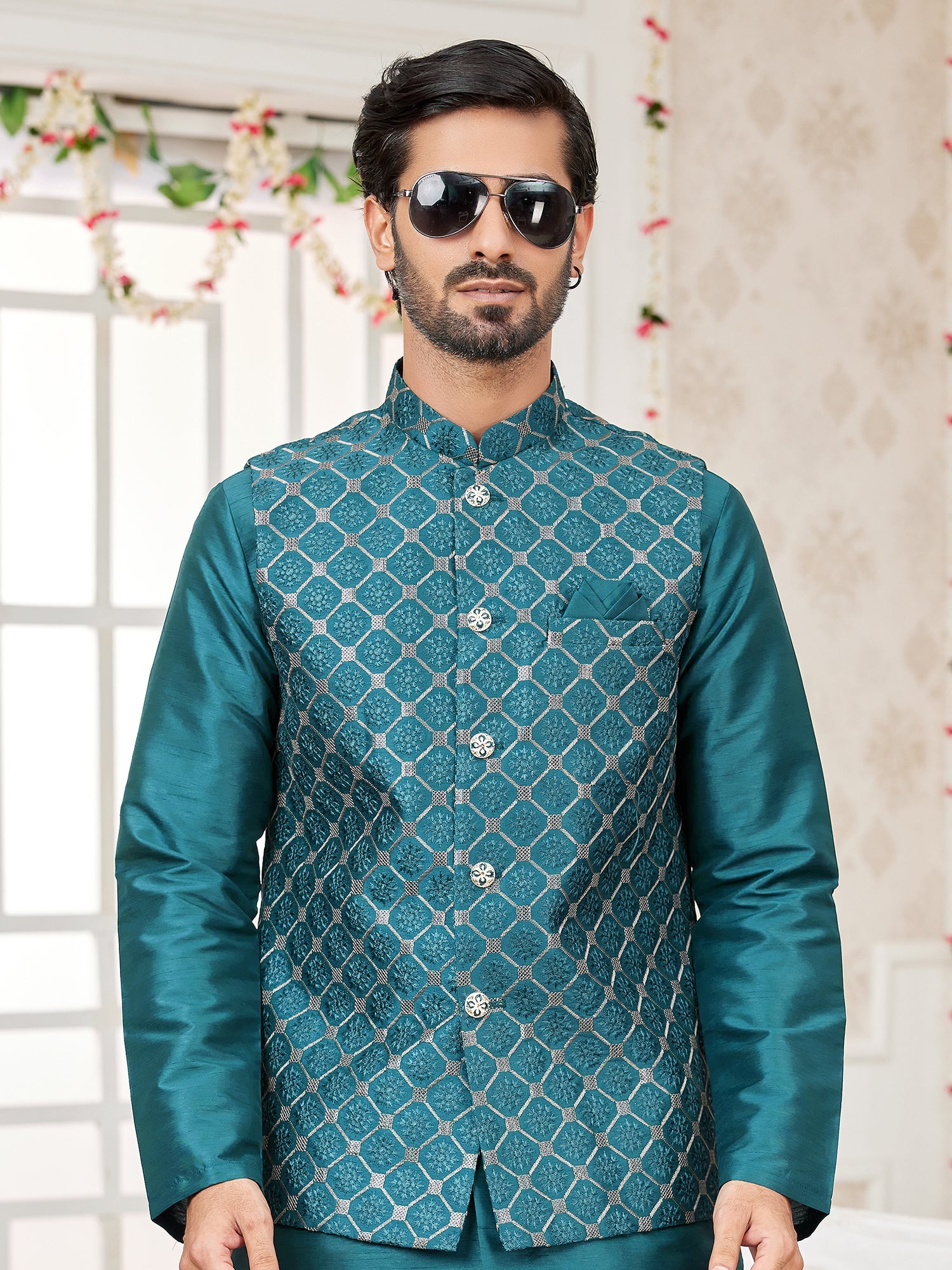 Peacock Green Art Silk Embroidered Kurta Pajama Jacket