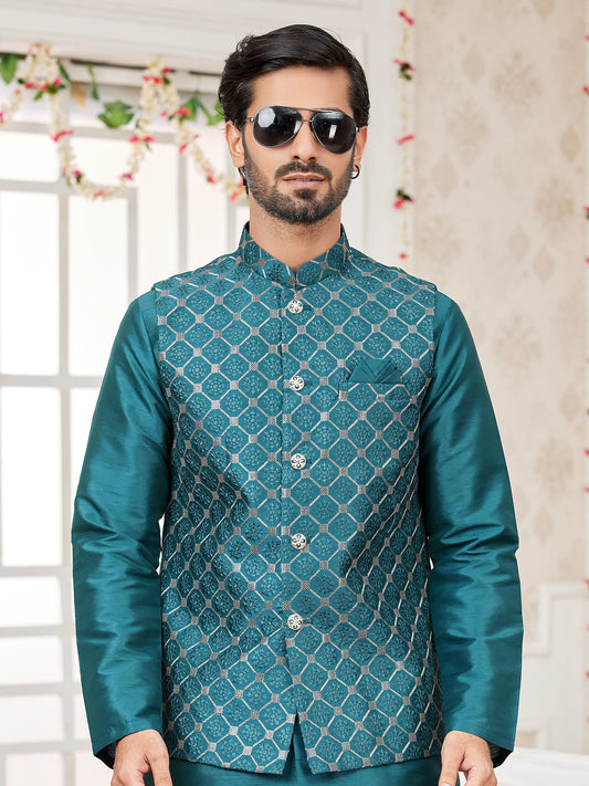 Peacock Green Art Silk Embroidered Kurta Pajama Jacket