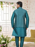 Peacock Green Art Silk Embroidered Kurta Pajama Jacket