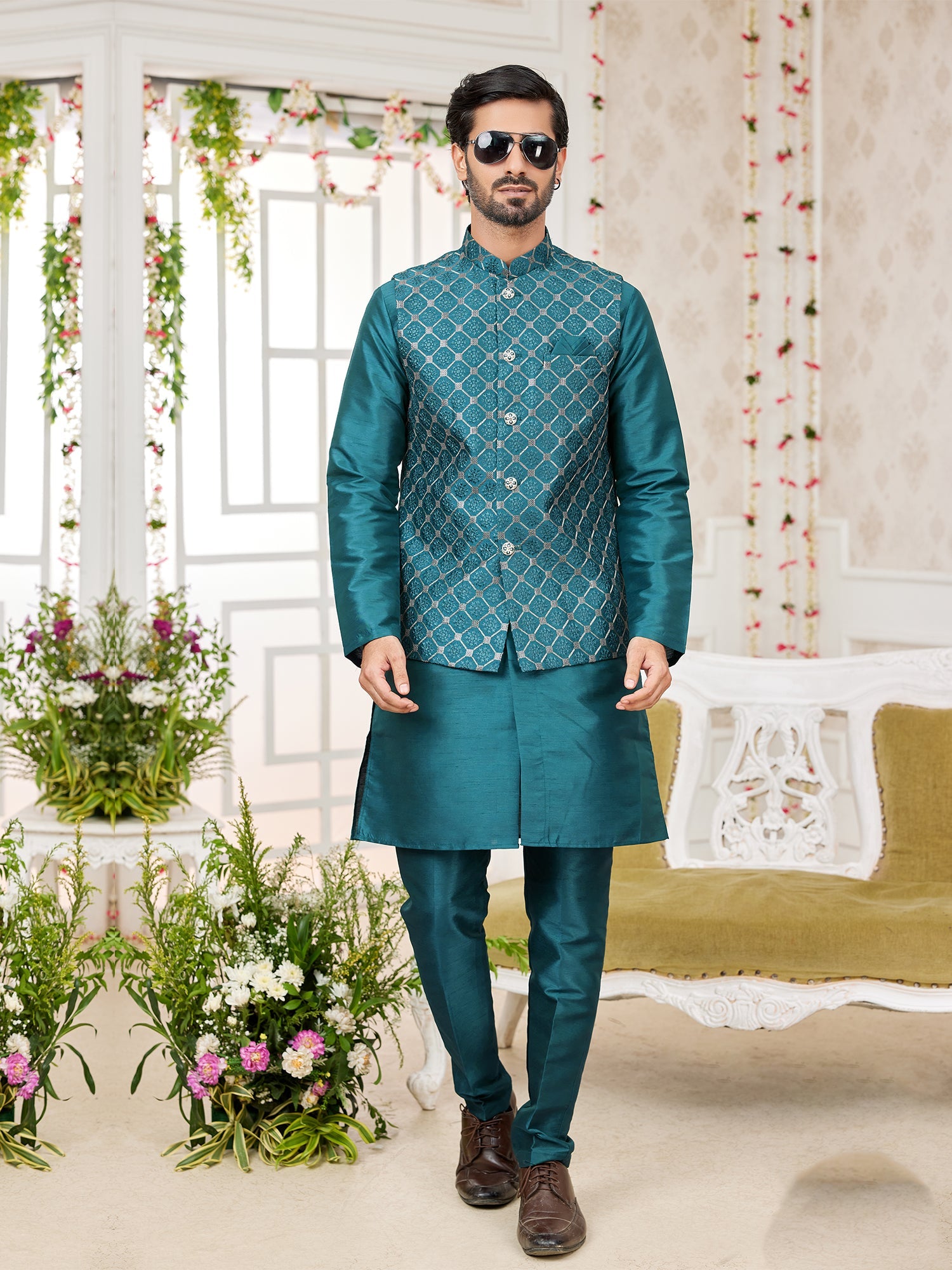 Peacock Green Art Silk Embroidered Kurta Pajama Jacket