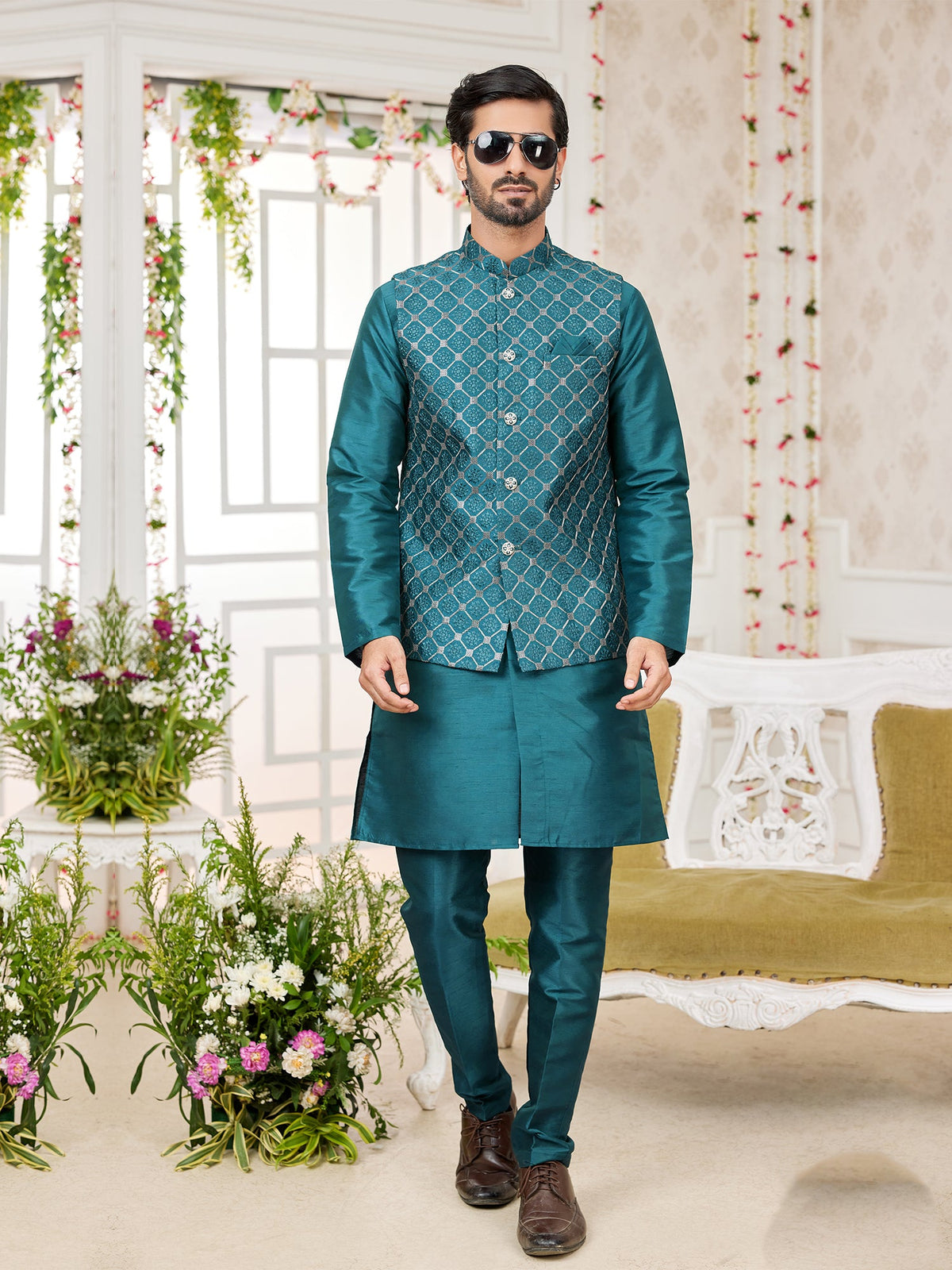 Peacock Green Art Silk Embroidered Kurta Pajama Jacket