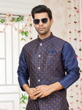 Navy Blue Art Silk Embroidered Kurta Pajama Jacket Set